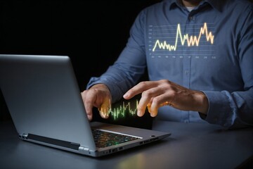 businessman analyzing financial data on laptop in a dark room