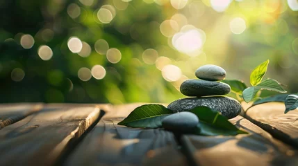 Photo sur Plexiglas Pierres dans le sable zen stones on empty wooden with green leaf in the garden background blurred and . Concept relaxation, zen, spring.
