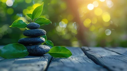 Tuinposter zen stones on empty wooden with green leaf in the garden background blurred and . Concept relaxation, zen, spring. © buraratn
