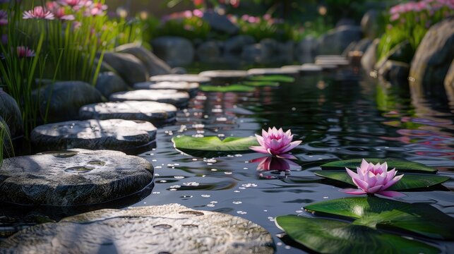 zen garden with massage stones and waterlily
