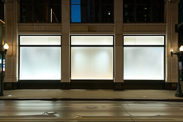 Empty square glowing shop windows in evening city, as banner - obrazy, fototapety, plakaty
