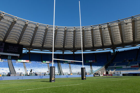 Empty rugby stadium under blue sky, Olympic stadium, Rome