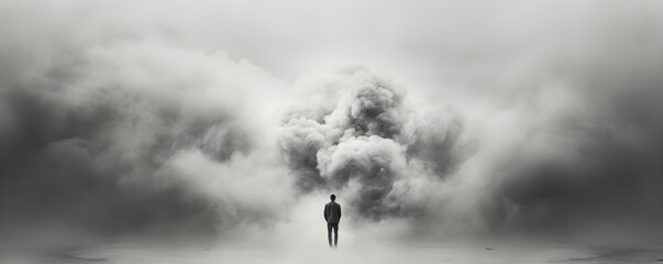 A symbolic portrayal of depression with a human figure enveloped in cloud. Concept Conceptual Photography, Depression Representation, Cloud Enveloped Figure - obrazy, fototapety, plakaty
