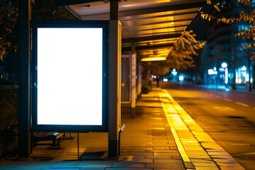 Empty rectangular white layout banner street at bus stop, night.