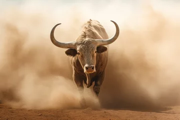 Selbstklebende Fototapeten A large bull raises dust with its furious running against the backdrop of sunset rays, a symbol of the state of Texas, bullfighting © Sunny
