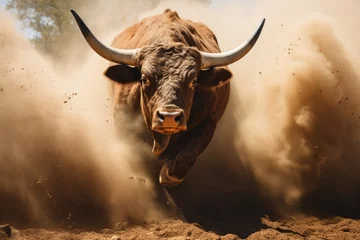 Foto op Plexiglas A large bull raises dust with its furious running against the backdrop of sunset rays, a symbol of the state of Texas, bullfighting © Sunny