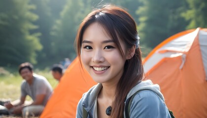 Fototapeta na wymiar Young Asian woman camping with friends. Mountain, outdoor.