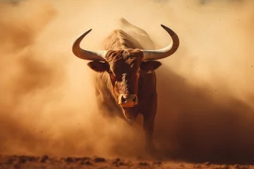 Afwasbaar fotobehang A large bull raises dust with its furious running against the backdrop of sunset rays, a symbol of the state of Texas, bullfighting © Sunny