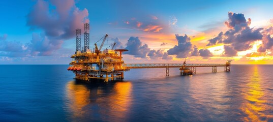 Offshore oil rig platform in late evening on open sea with blue waters, oil drilling industry - obrazy, fototapety, plakaty