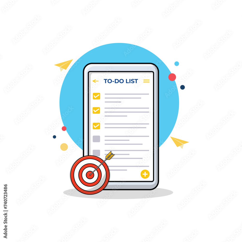 Poster todo list in smartphone with target symbol vector illustration. work process concept design