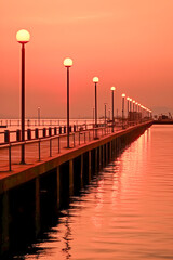 A serene pier with illuminated lamps, reflecting on calm water under a beautiful orange sunset sky,...