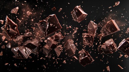 Freeze motion of flying group of raw chocolate pieces. Isolated on black backgroun