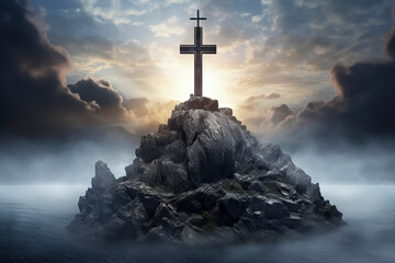 A large cross atop a rocky outcrop, surrounded by mist, under a dramatic sky with emerging sunlight. ai generative