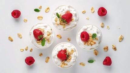 From above delicious homemade yogurt with strawberries, berries and cereals on white background
