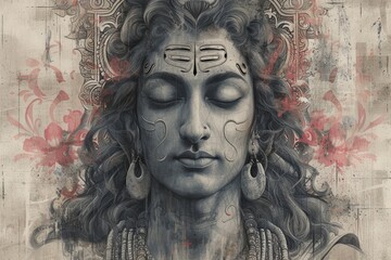 Monochromatic Art of Hindu Deity with Floral Accents and Peaceful Demeanor