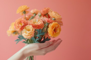 Hand gently cradling a bouquet of orange ranunculus on a soft pink backdrop