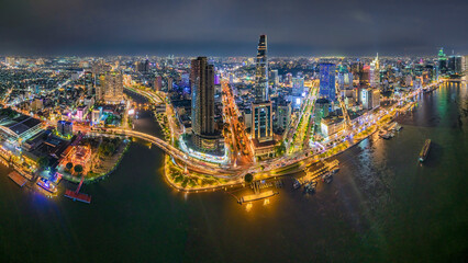 Top view aerial photo from flying drone of a Ho Chi Minh City with development buildings,...