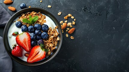 Granola with yogurt and berries for healthy breakfast. Bowl of greek yogurt with granola, almonds, blueberries and strawberries, top view, copy space. - obrazy, fototapety, plakaty
