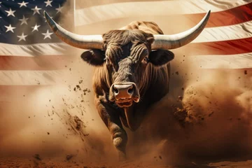 Poster Im Rahmen A large bull against the background of the American flag as a symbol of the state of Texas. Revolution or bullfight concept © Sunny