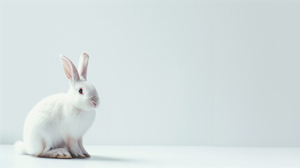 white easter bunny in corner of template isolated on plain light gray background with text space