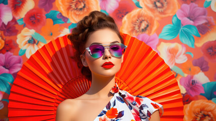 Girl with a hand fan on a bright vibrant background - obrazy, fototapety, plakaty