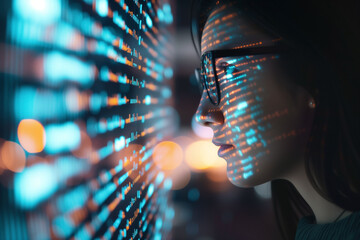 programmer woman coding or IT person in glasses reading script, programming and cyber security research, software, information technology