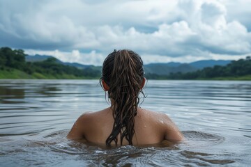 Rear View of Person Swimming in a Tranquil River Surrounded by Hills