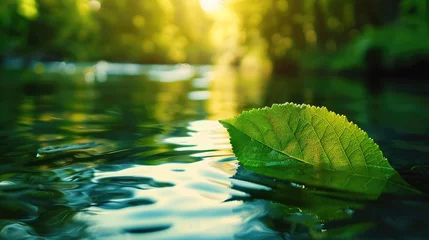 Fotobehang Green leaf reflecting in river water, closeup. Copyspace. © buraratn