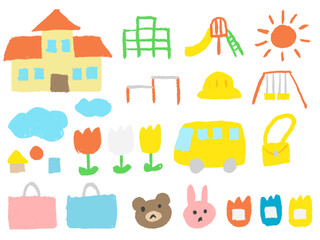 子どもがクレヨンで描いたような保育園・幼稚園・こども園の手書き風イラストセット