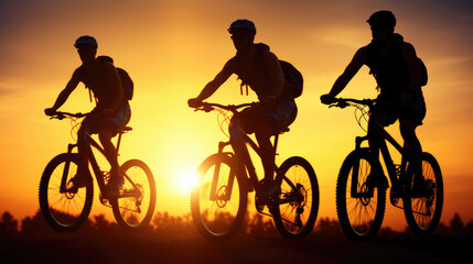 Group of mountain bikers, silhouetted against the rising sun