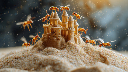 A tiny ant colony building a skyscraper out of sand grains. - obrazy, fototapety, plakaty