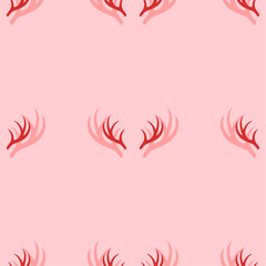 Seamless pattern of large isolated red deer horns symbols. The elements are evenly spaced. Vector illustration on light red background