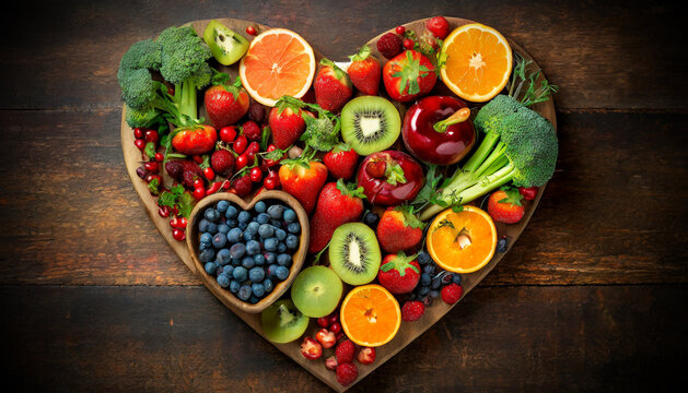 Heart shape made of fruits and vegetables on a wooden table with copy space, cardiovascular health concept. Generative Ai.
