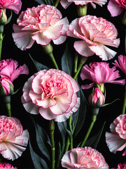 Delicate Elegance: Bouquet of Pink Carnations Posing Against Black Background, Exuding Delicacy and Aroma. generative AI