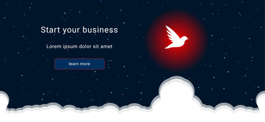 Business startup concept Landing page screen. The bird symbol on the right is highlighted in bright red. Vector illustration on dark blue background with stars and curly clouds from below