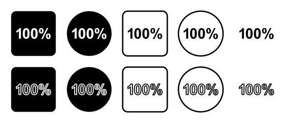 Icon set of 100 percent symbol. Filled, outline, black and white icons set, flat style.  Vector illustration on white background