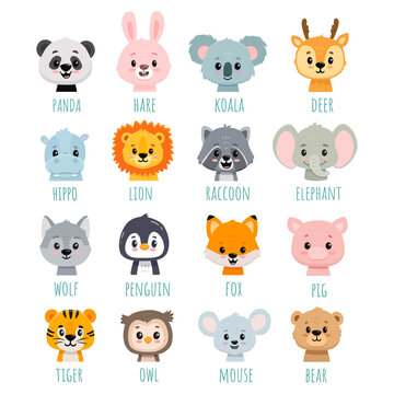Set of cartoon animals. Doodle illustration of bear, wolf, fox, deer, raccoon, hare, panda, fox, lion, koala, owl, hippo, mouse for cards, magazins, banners. Flat style. 