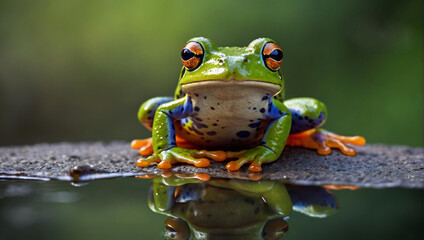 A vibrant green frog gracefully perches on a rugged rock, embodying the spirited leap of a true amphibian on this february day in the wild outdoors - obrazy, fototapety, plakaty
