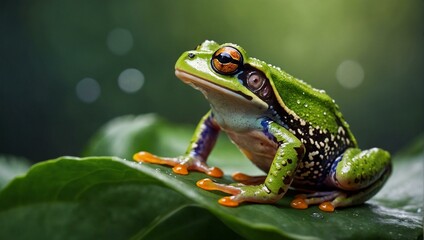 A vibrant green tree frog takes a leap of faith onto a lush leaf, marking the start of a new year on a sunny february day in the wild - obrazy, fototapety, plakaty