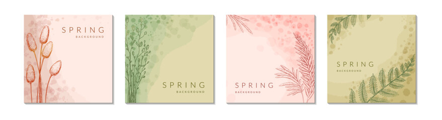 Naklejka na ściany i meble Spring floral watercolor abstract background set. Social media square post template. Spring flower design, greeting card, label, flyer, leaflet, poster. Beauty, spa, jewelry, wedding, fashion, concept