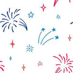 Fototapeta na wymiar 4th of July USA Independence Day doodle seamless pattern. America flag blue, red and white colors. 14th of July Happy National day of France firework design