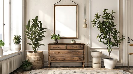 A mockup poster blank frame in a Scandinavian-inspired interior, above a retro chest drawer, surrounded by stacked ceramic planters, in a monochrome white color palette