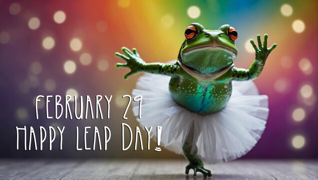 Amidst the celebratory leaps of february's leap year day, a whimsical frog dons a tutu and dances to the rhythm of the cartoon text, , leap year day background