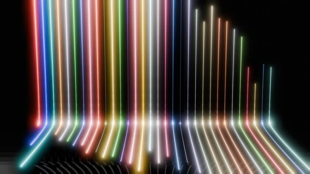 3d animation, abstract black background neon curves wall lines  with pink blue neon lines go up and disappear , ultraviolet pink blue neon lights animation backdrop 4k