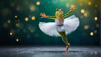 A graceful frog dons a white tutu, leaping through the february air in a stunning display of ballet choreography, captivating all with its modern dance moves and elegant dance skirt - obrazy, fototapety, plakaty