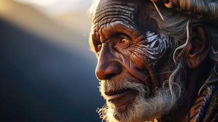Maori man with traditional moko facial tattoos against the rising sun - obrazy, fototapety, plakaty