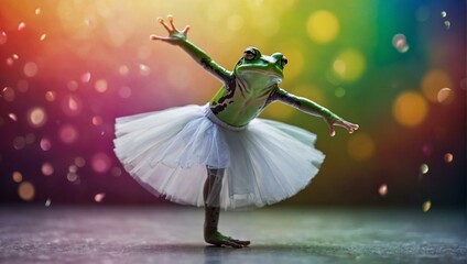 A whimsical leap into the month of february, a frog dons a tutu and takes to the outdoor stage, enchanting the audience with graceful ballet choreography and a yearning for the joy of dance - obrazy, fototapety, plakaty