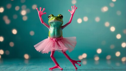 On a leap day in february, a graceful frog dons a tutu and dances ballet, showing that anyone can pursue their passions and break free from societal expectations - obrazy, fototapety, plakaty