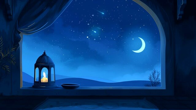 Traditional Arabic Lantern on Table with Crescent Moon, Ramadan Theme. seamless looping 4k time-lapse animation video background 