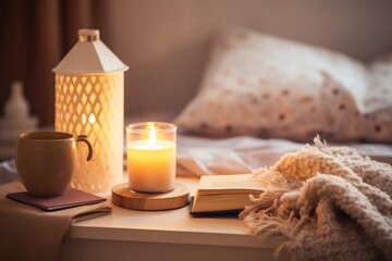Fototapeta na wymiar Home decor of a light cozy bedroom interior with litten candle